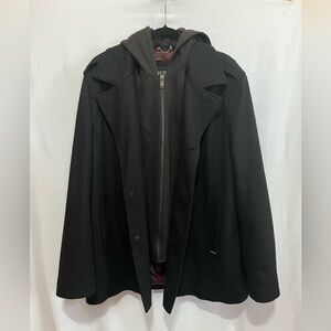 GUESS Black Winter Wool Blend Pea Coat Hooded Jacket Mens XXL Removable Hood Bib